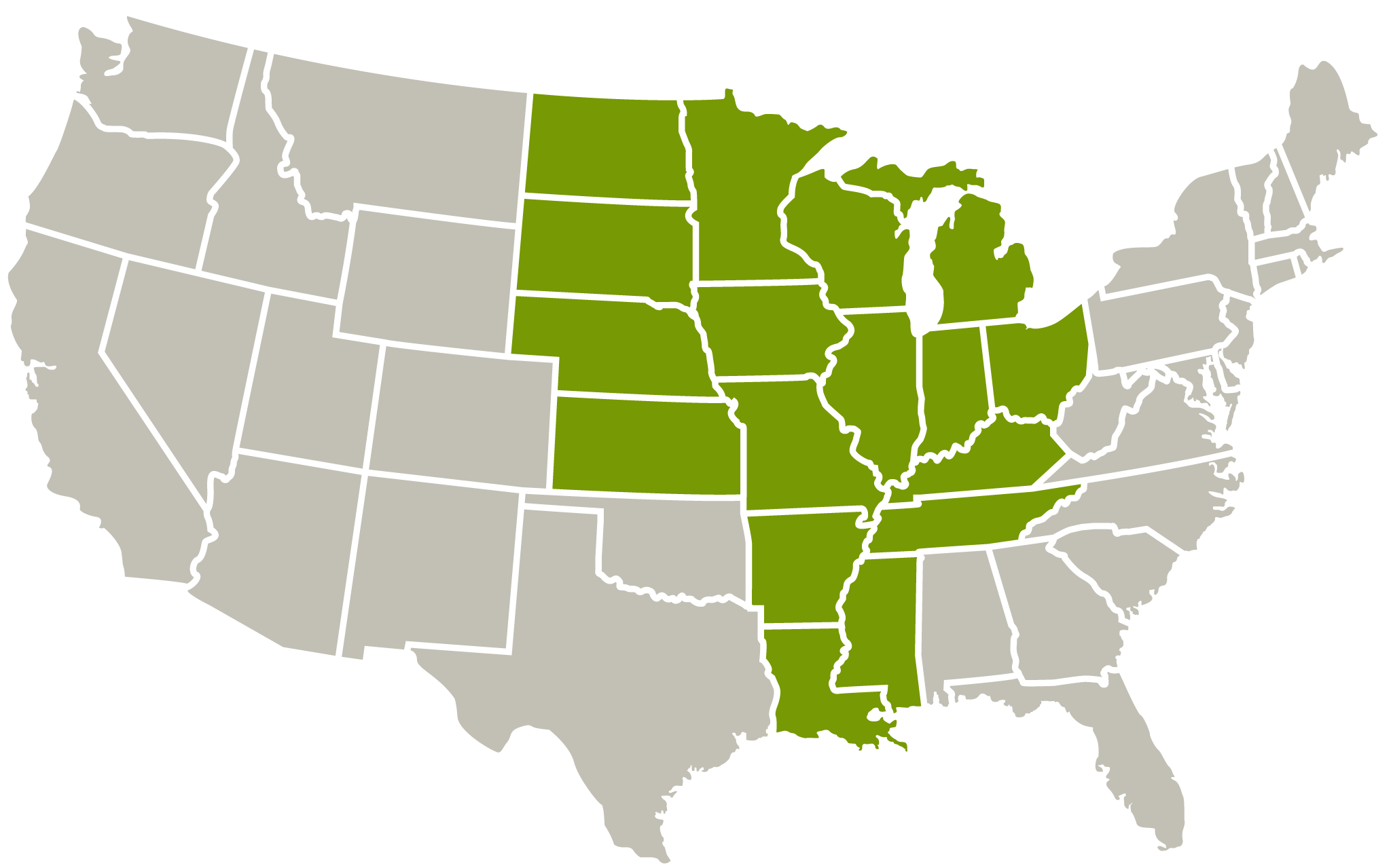 Graphic map of the U.S. in grey with white lines delineating the states. The states highlighted in light green are those within the Mississippi River Basin.